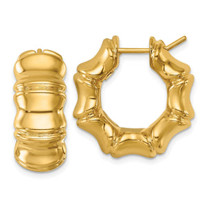 Pair of 14K yellow gold bamboo hoop earrings with hinged closures