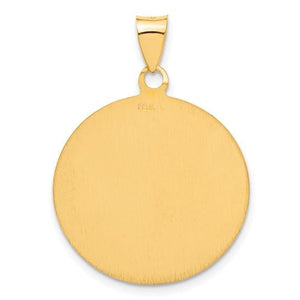 Smooth satin back of the 18K gold Saint Christopher medal, ready for engraving