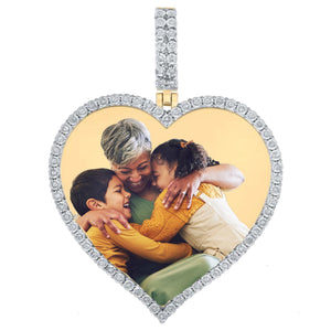 Diamond heart photo pendant showing a full color photo of a grandmother hugging two children
