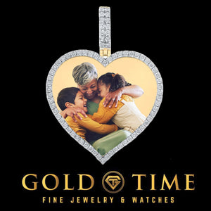 10k yellow gold heart photo pendant with a full color family photo, natural diamond border and diamond bail