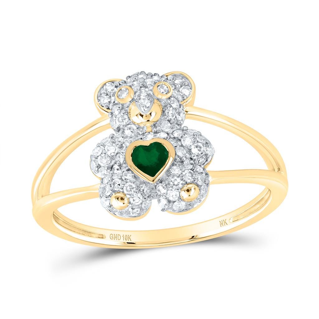 10k Gold Diamond and Emerald Bear Jewelry Set  Pendant, Earrings & Ring with Heart-Shaped Emerald Accents, Available Separately or Set
