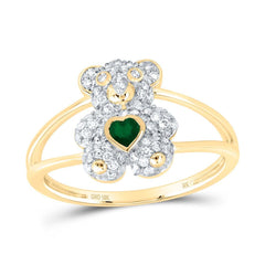 10k Gold Diamond and Emerald Bear Jewelry Set  Pendant, Earrings & Ring with Heart-Shaped Emerald Accents, Available Separately or Set