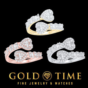 Diamond bypass heart rings in 10K yellow, white, and rose gold shown together