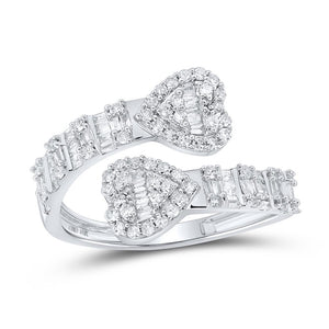 10K white gold bypass ring with two diamond pave hearts and baguette set shanks