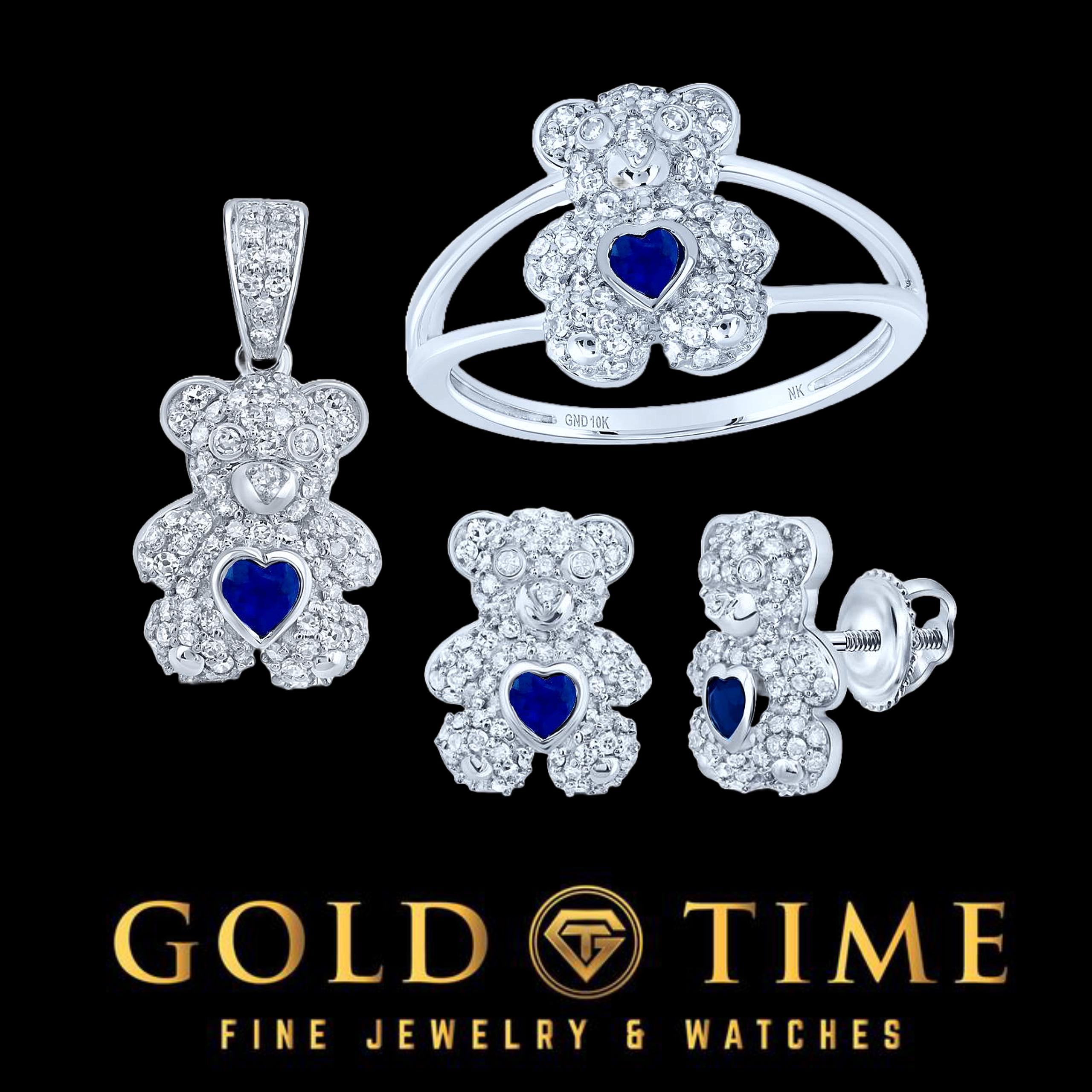 10k White Gold, Diamond, Sapphire Teddy Bear Jewelry Set  Pendant, Ring & Earrings  Natural Diamonds  Heart-Shaped Sapphire  Gift Ready