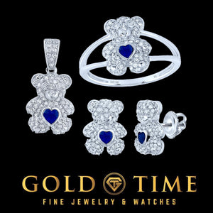10K white gold diamond teddy bear pendant, ring, and earrings with blue sapphire hearts