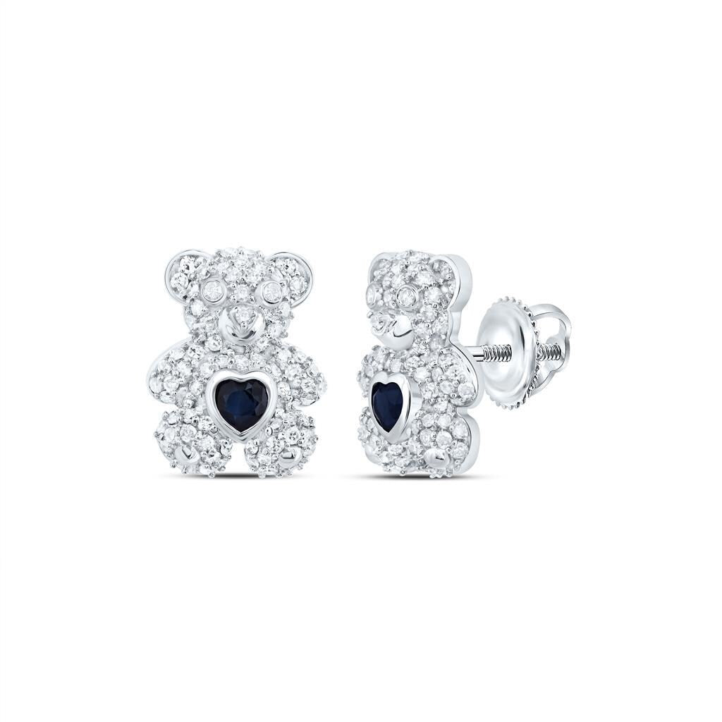 10k White Gold, Diamond, Sapphire Teddy Bear Jewelry Set  Pendant, Ring & Earrings  Natural Diamonds  Heart-Shaped Sapphire  Gift Ready