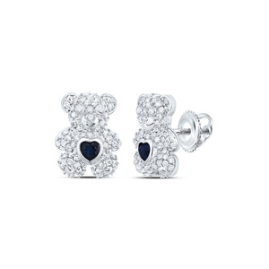 Pair of diamond teddy bear stud earrings with sapphire hearts and screw backs