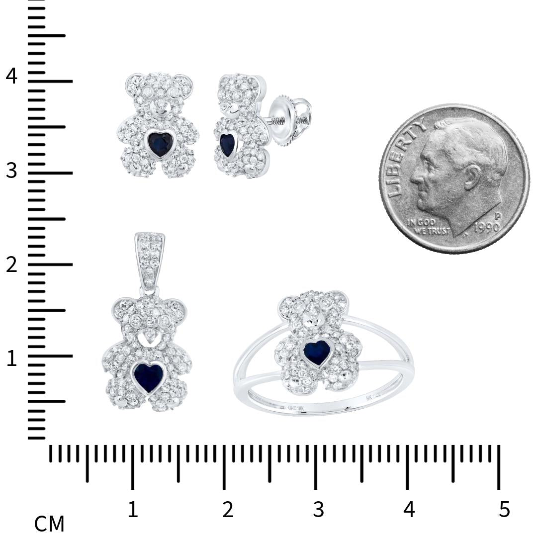 10k White Gold, Diamond, Sapphire Teddy Bear Jewelry Set  Pendant, Ring & Earrings  Natural Diamonds  Heart-Shaped Sapphire  Gift Ready