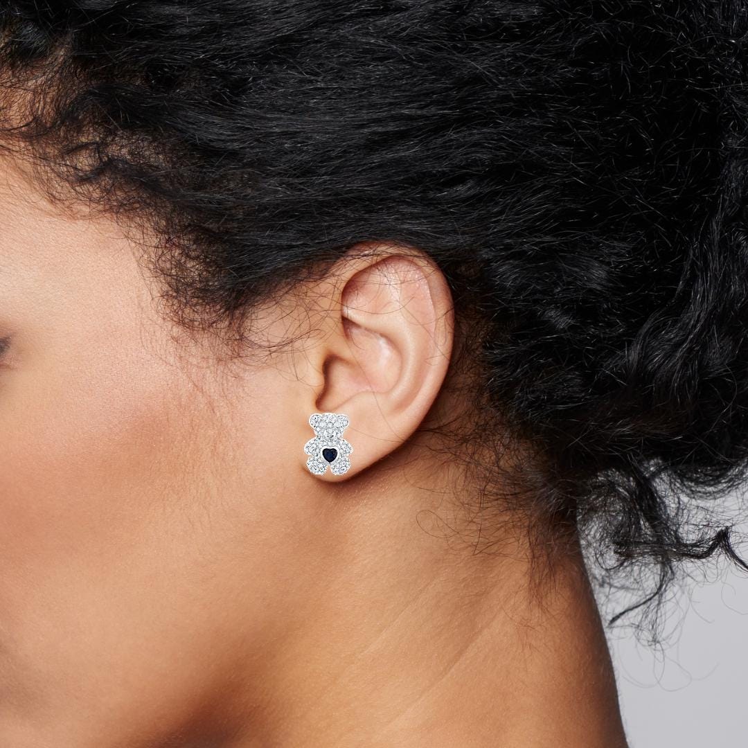 10k White Gold, Diamond, Sapphire Teddy Bear Jewelry Set  Pendant, Ring & Earrings  Natural Diamonds  Heart-Shaped Sapphire  Gift Ready