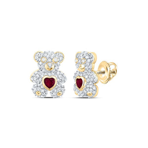 Pair of 10K gold diamond teddy bear stud earrings with ruby hearts and screw backs
