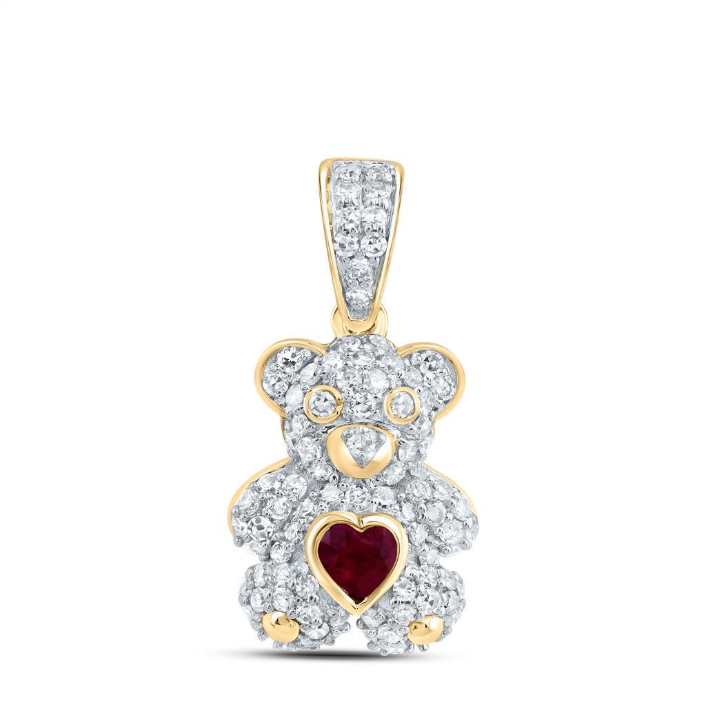 10k Yellow Gold, Diamond, Ruby Teddy Bear Jewelry Set  Pendant, Ring & Earrings  Natural Diamonds  Heart-Shaped Ruby  Gift Ready