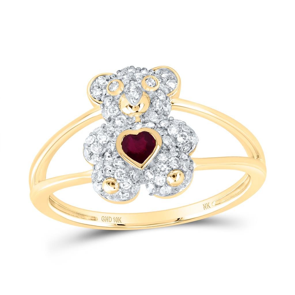 10k Yellow Gold, Diamond, Ruby Teddy Bear Jewelry Set  Pendant, Ring & Earrings  Natural Diamonds  Heart-Shaped Ruby  Gift Ready