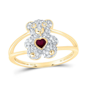 10K yellow gold diamond teddy bear ring with a heart-shaped ruby center