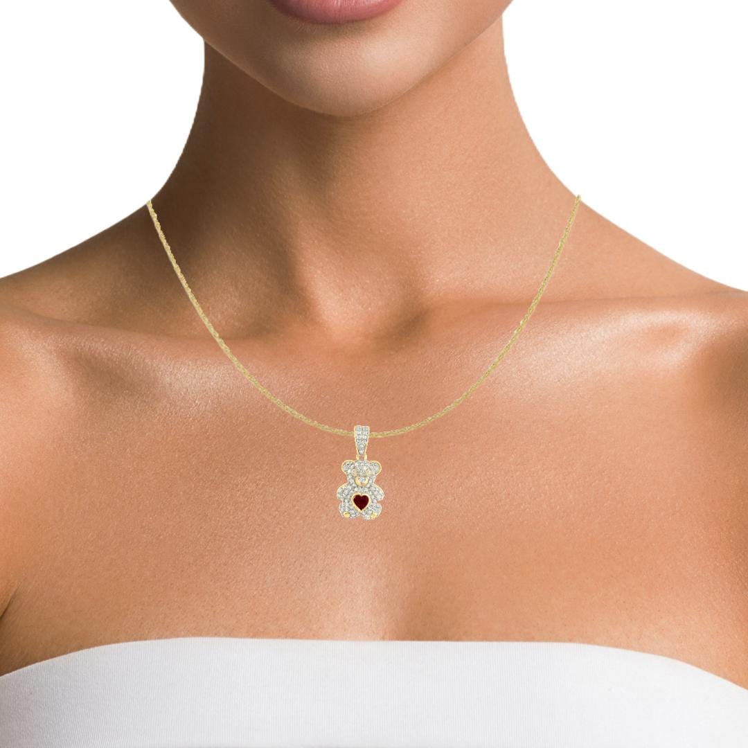 10k Yellow Gold, Diamond, Ruby Teddy Bear Jewelry Set  Pendant, Ring & Earrings  Natural Diamonds  Heart-Shaped Ruby  Gift Ready
