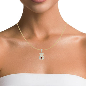 Woman wearing the diamond and ruby teddy bear pendant