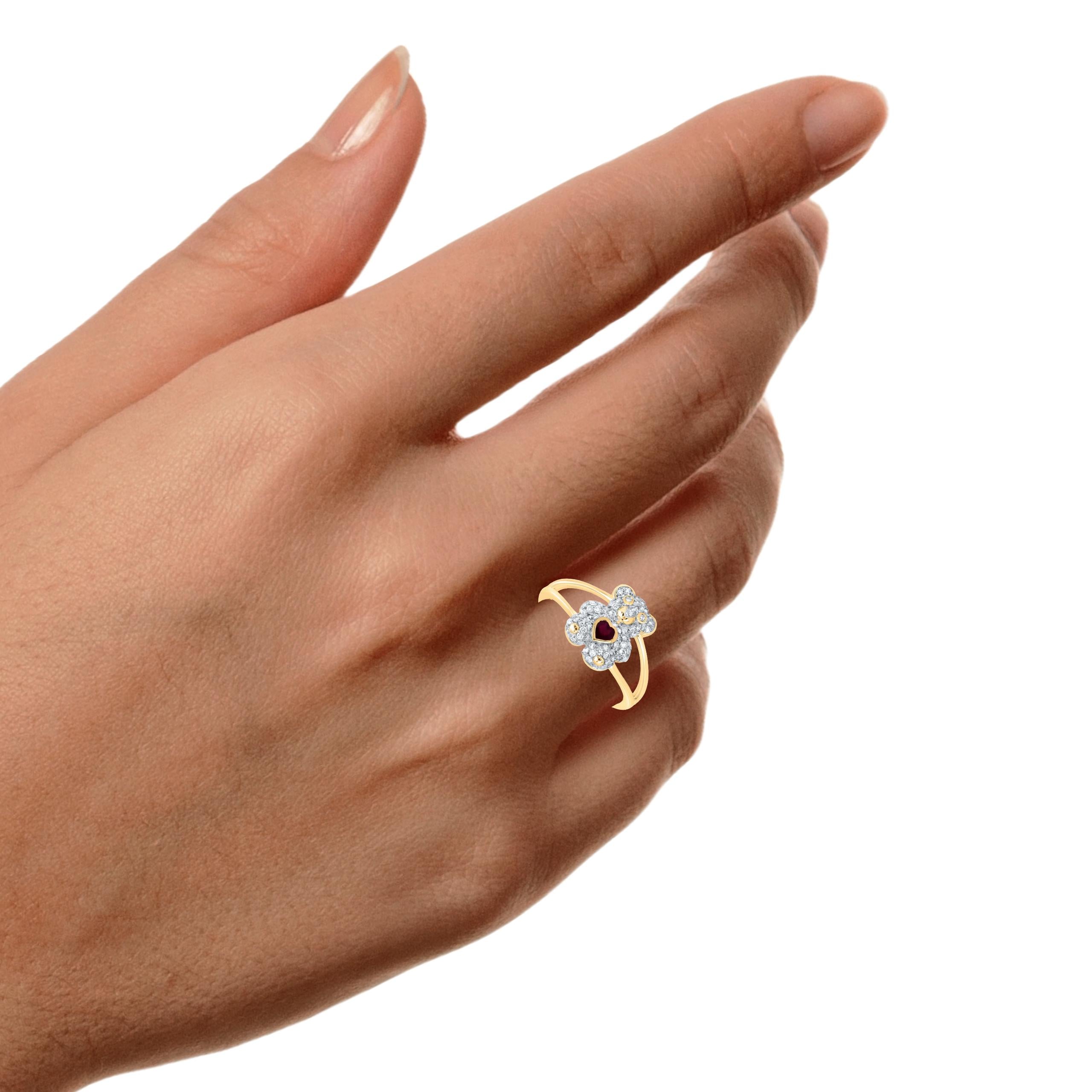 10k Yellow Gold, Diamond, Ruby Teddy Bear Jewelry Set  Pendant, Ring & Earrings  Natural Diamonds  Heart-Shaped Ruby  Gift Ready