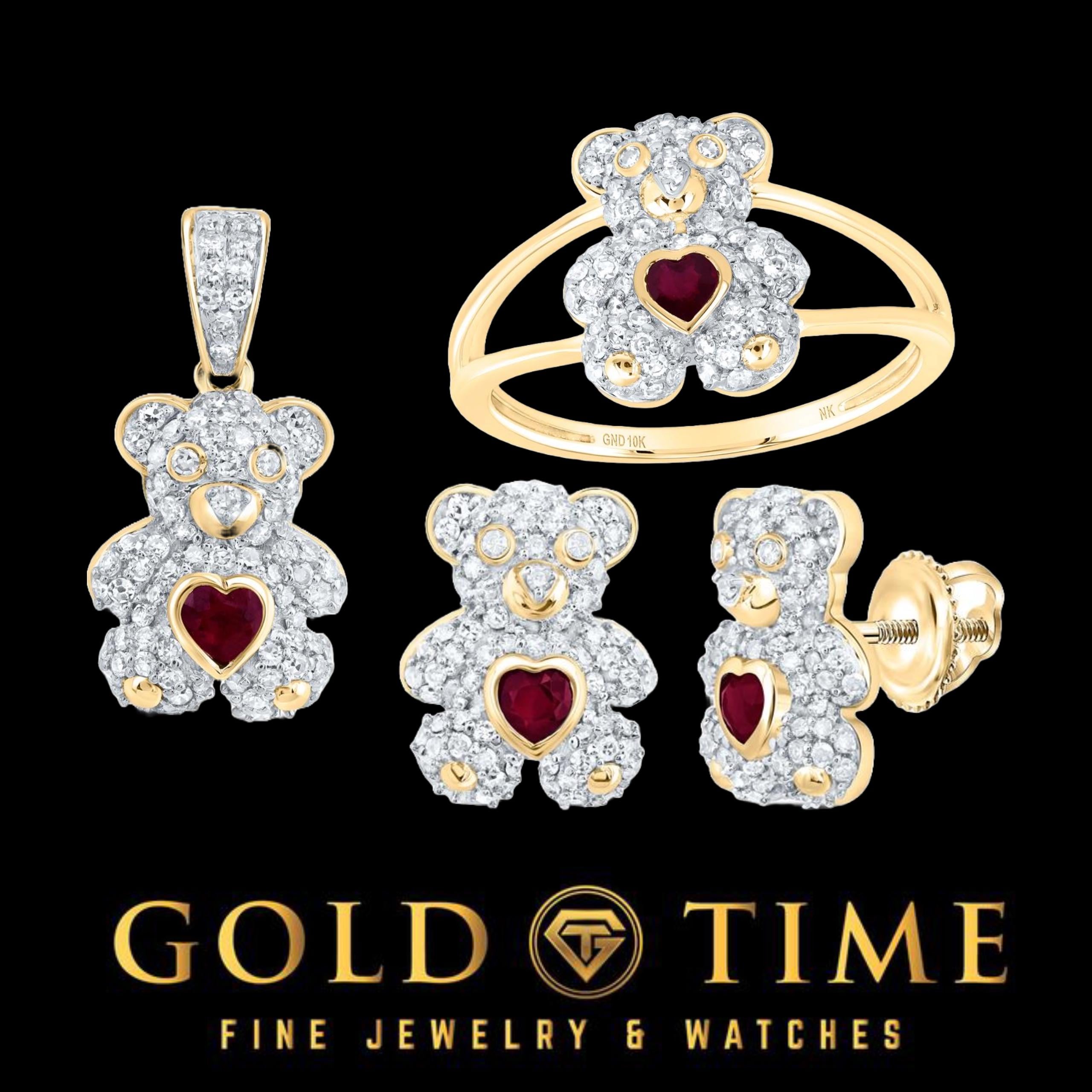 10k Yellow Gold, Diamond, Ruby Teddy Bear Jewelry Set  Pendant, Ring & Earrings  Natural Diamonds  Heart-Shaped Ruby  Gift Ready