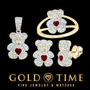 10K yellow gold teddy bear pendant, ring, and earrings covered in diamonds with heart-shaped rubies