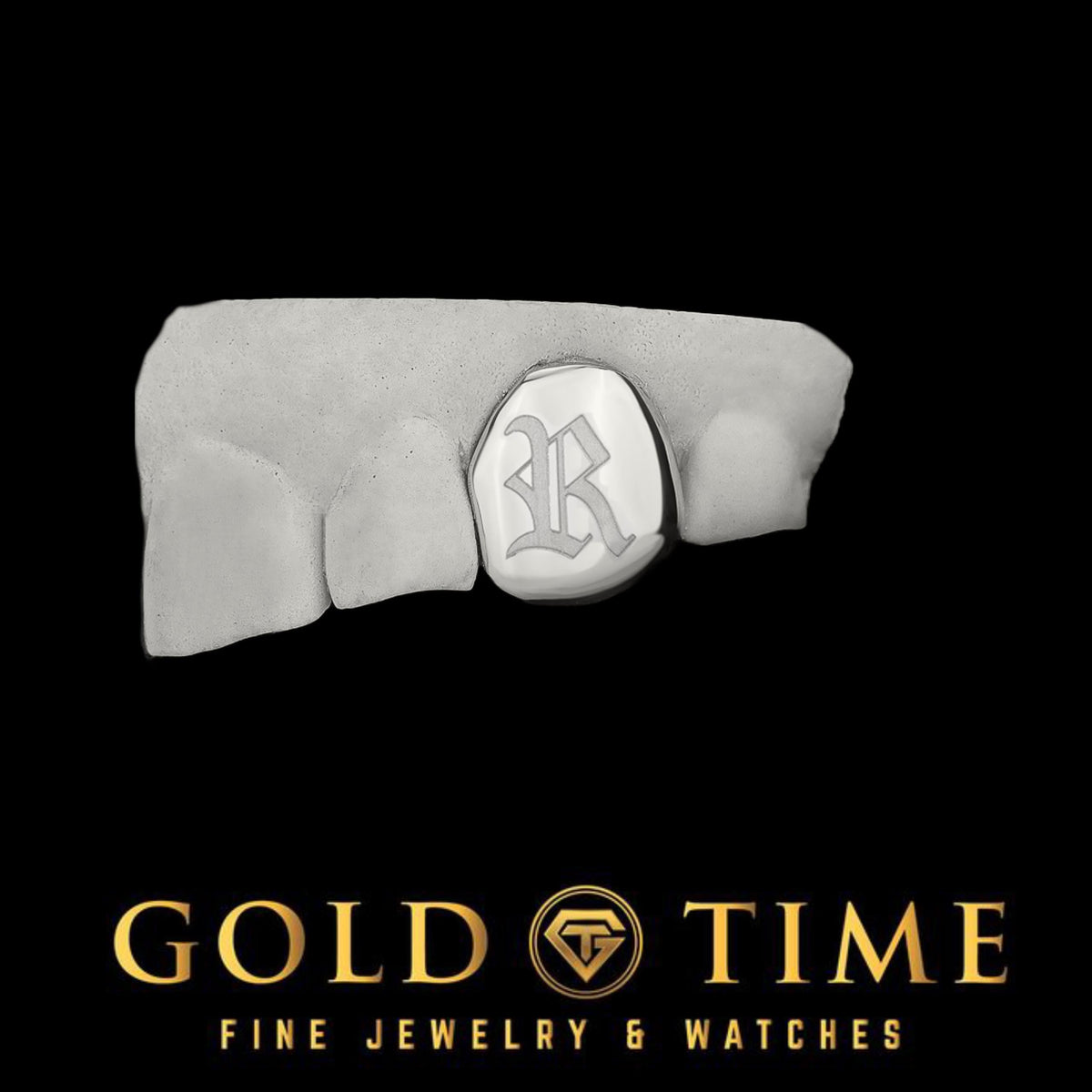 Custom Grillz - Single Cap with Custom Gothic Old English Letter Engraving