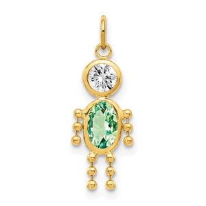 Gold boy birthstone charm with a green oval stone body and clear round stone head