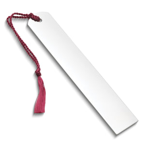 Sterling silver bookmark with a red tassel, angled view on white