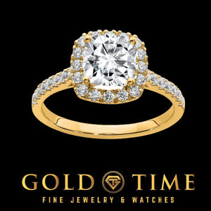 14K yellow gold cushion moissanite halo engagement ring with pave band