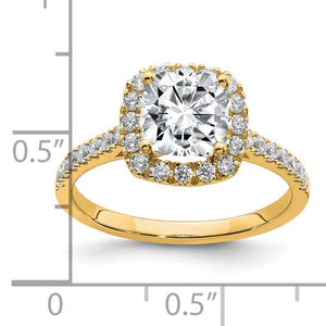 Size chart for a 14K yellow gold cushion moissanite halo engagement ring