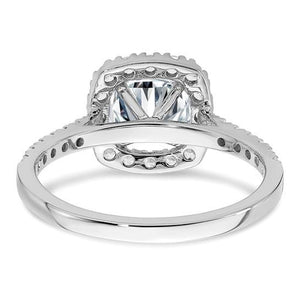 Back view of a 14K white gold cushion moissanite halo engagement ring showing the gallery