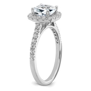 14K white gold cushion moissanite halo engagement ring, side angle