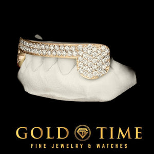 Side view of the 6 piece gold bustdown grill showing the iced honeycomb canine and double-row moissanite tip bar