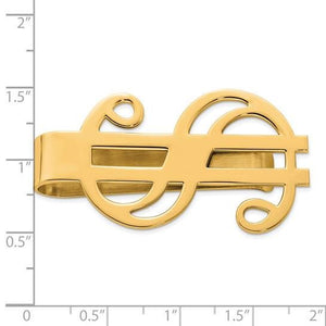 Yellow gold dollar sign money clip on a size chart, about 2 inches wide