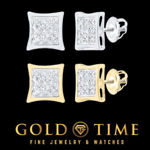 10K gold diamond kite square stud earrings in yellow and white gold, front and screw back views