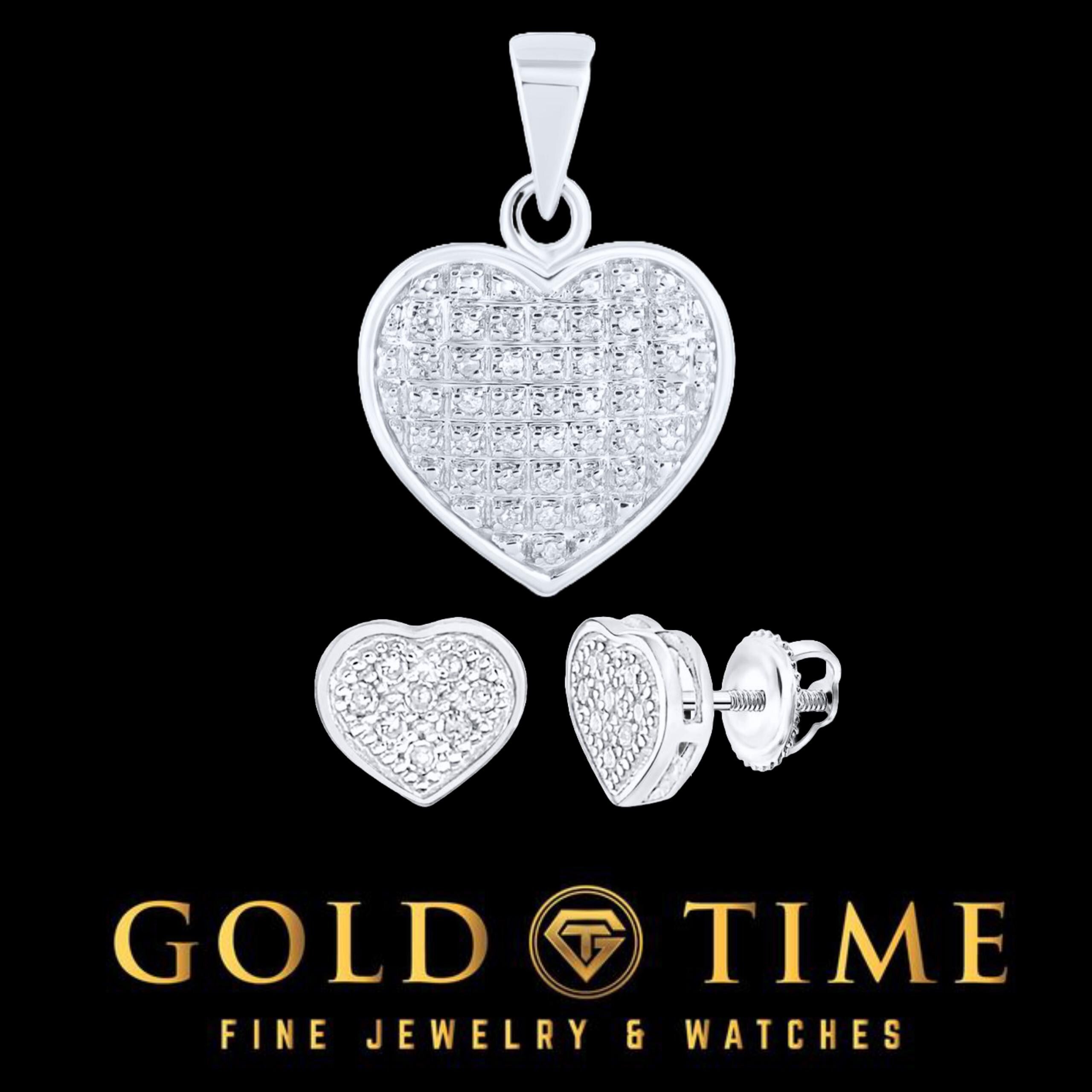 10K Gold Heart Diamond Jewelry Set  Pave-Set Natural Diamonds  Pendant & Screw-Back Earrings  Available in Yellow or White Gold