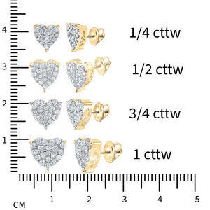Size chart showing diamond heart stud earrings in 1/4, 1/2, 3/4 and 1 carat total weight against a ruler