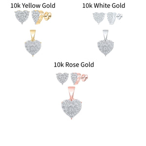 The diamond heart pendant and earrings shown in 10k yellow, white and rose gold