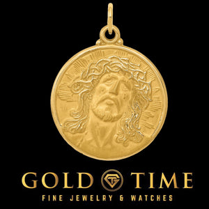14k yellow gold Jesus medallion pendant with crown of thorns face design, on black background