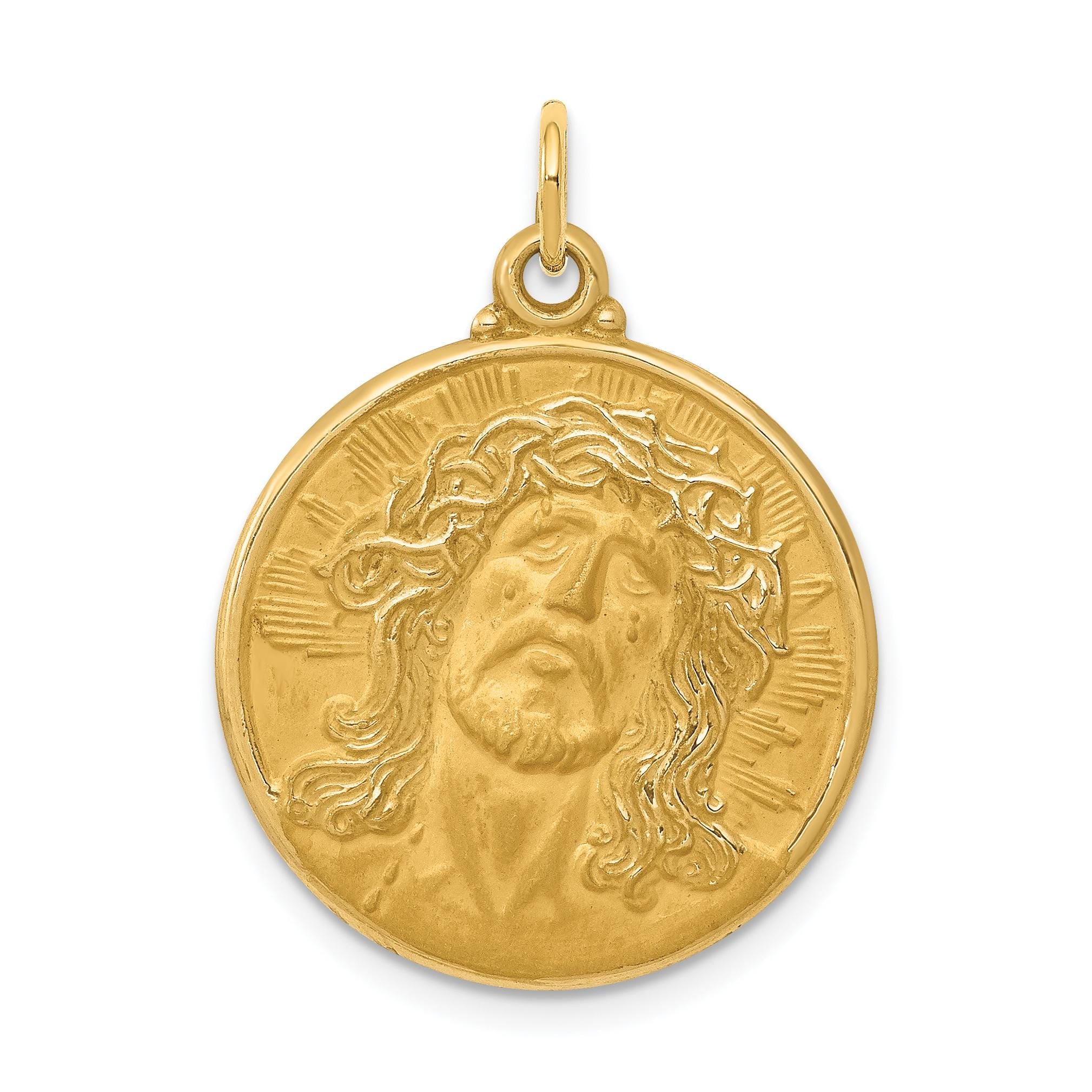 14K Solid Yellow Gold Jesus Medallion Pendant  Engravable Religious Charm with Gift Box, 28mm Length, 14K Gold Jewelry