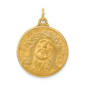 Front view of 14k solid yellow gold Jesus medallion with crown of thorns and radiating rays