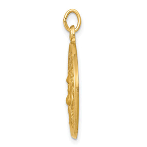 Side profile of the 14k gold Jesus medallion pendant showing its thickness and bail