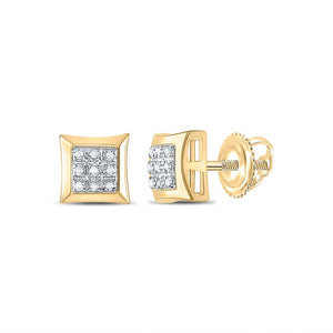 10K yellow gold square stud earrings with a nine-diamond pave center and screw back