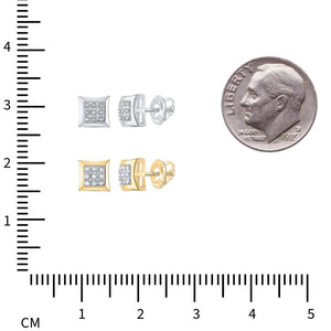 White and yellow gold square studs next to a centimeter ruler and a dime for scale