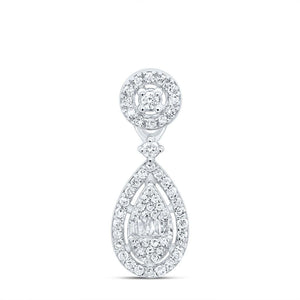 10K white gold diamond teardrop pendant with a round halo accent