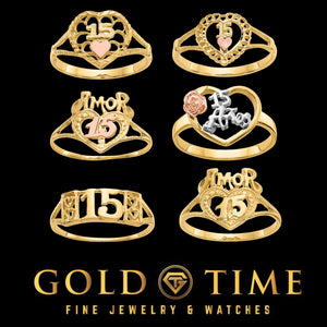Six 14k gold quinceanera ring designs: Gold Amor, Rectangle 15, Tri-Color Rose 15 Anos, Two-Tone Amor, Two-Tone Heart and Big Two-Tone Heart