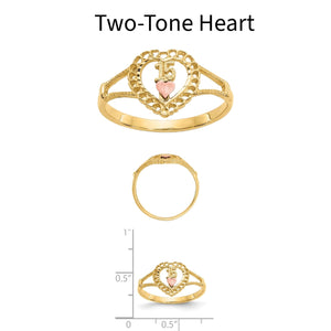 Two-Tone Heart quinceanera ring: yellow gold filigree heart with a rose gold heart and 15