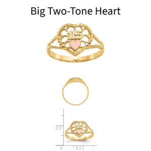 Big Two-Tone Heart quinceanera ring: larger yellow gold heart with 15 over a rose gold heart