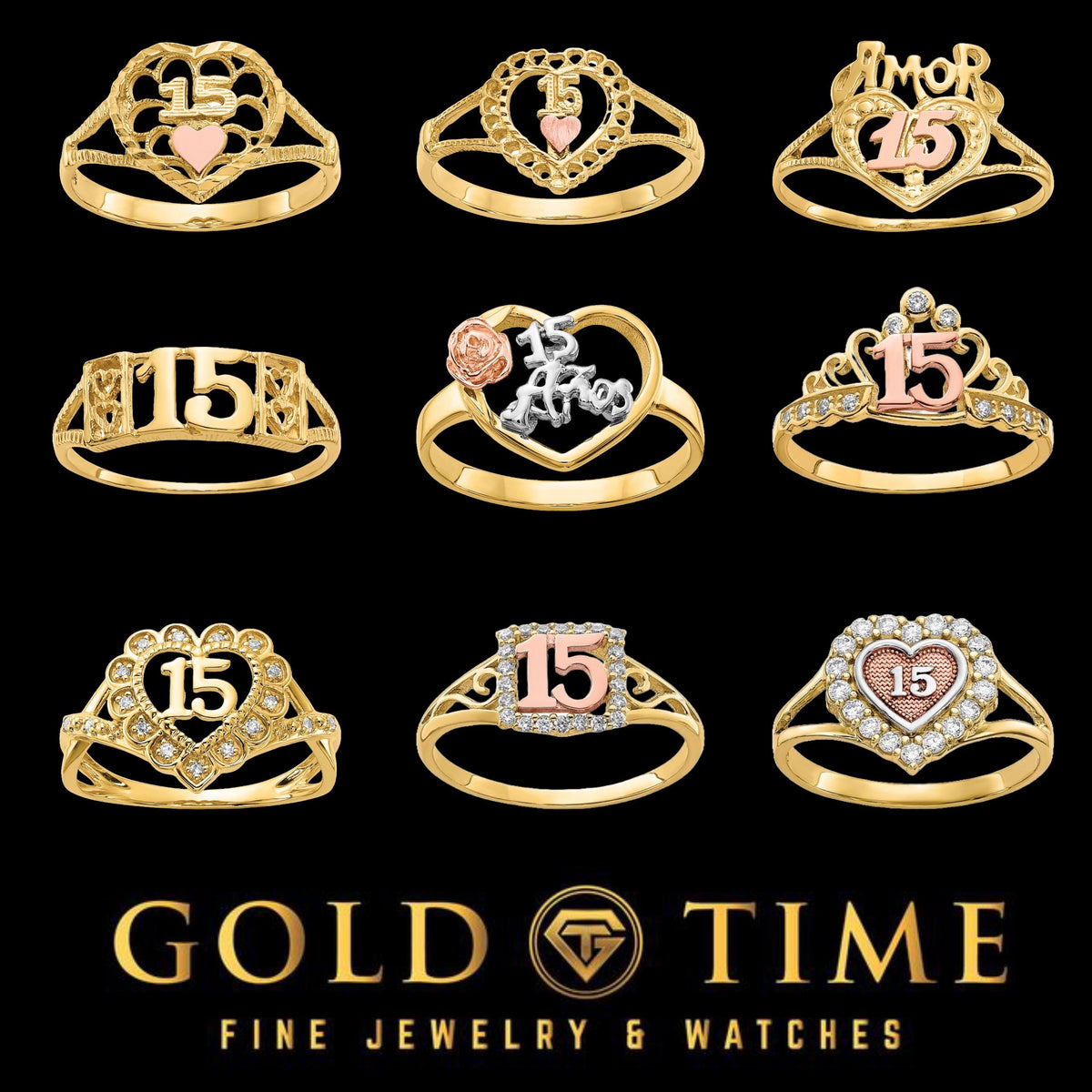 10K Gold Quinceañera Ring for Her  Sweet 15 Heart Design  Yellow Gold CZ Accents  Tri-Color Option  Sizes 4-9  Gold Time