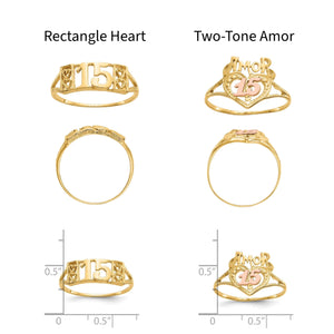 Comparison chart of the Single Heart and Two-Tone Amor quinceanera ring designs with measurements