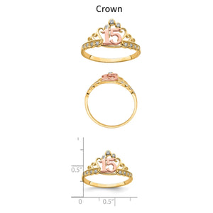 Comparison chart of the Crown quinceanera ring design with front, side, and measured views