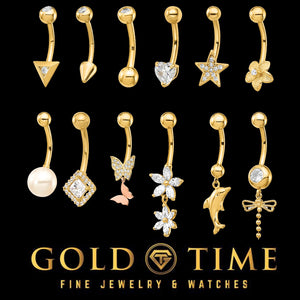 Collection of 14K yellow gold belly button rings including star, heart, pearl, butterfly, flower, and dragonfly designs